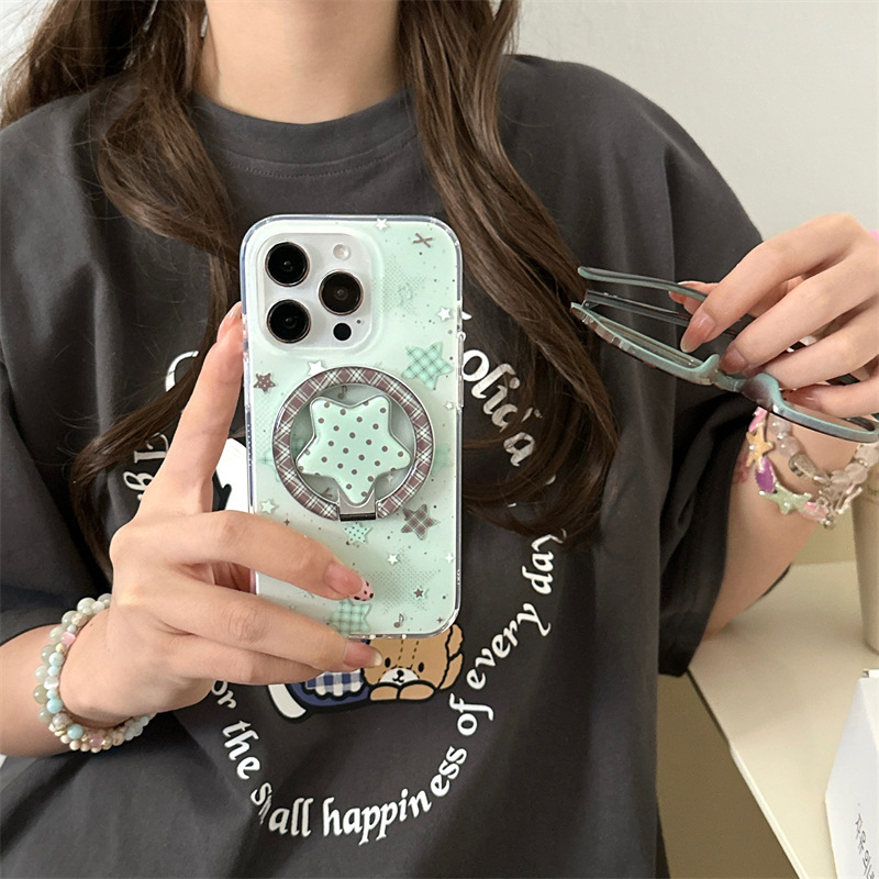 Ins Mint Green Star Double Layer Iphone 17promax Phone Case Compatible With Apple 16pro Magnetic Stand 15pr