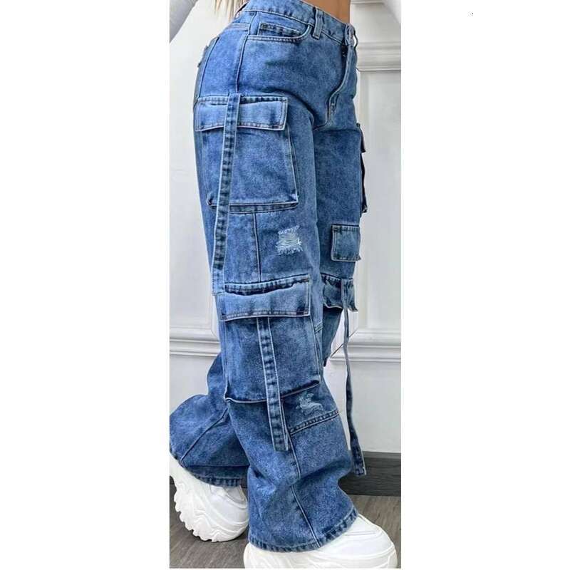 Women's Clothing New Fashion Solid Color All Match Large Size High Waist Multi Pocket Casual Workwear Denim Trousers For Women