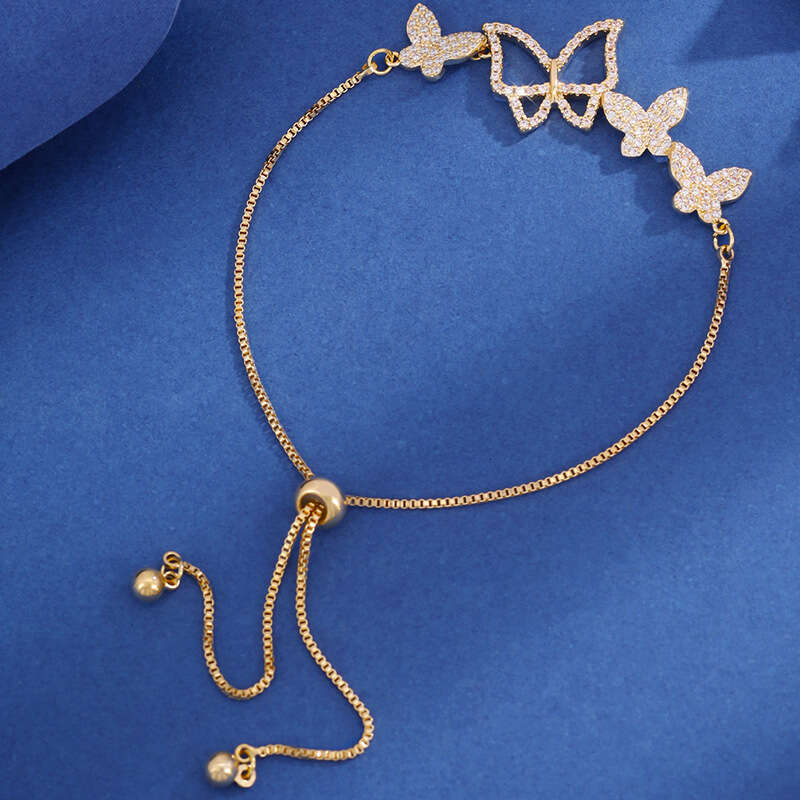 Korean Version Fashion Classic Design Full Dia Butterfly Pull Bracelet for Women Fresh and Versatile Adjustable Jewelry
