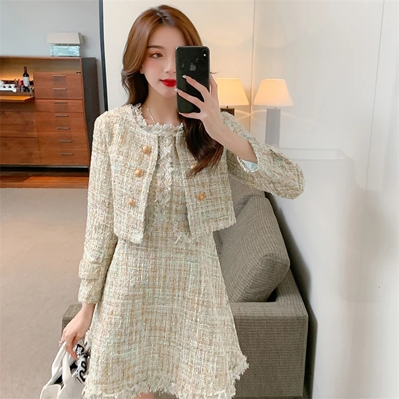 Runway Womens Clothes Small Fragrance Tassel Tweed Jacket Coat High Quality Mini Chic Slim Dress Two Pieces Set Suit 240223