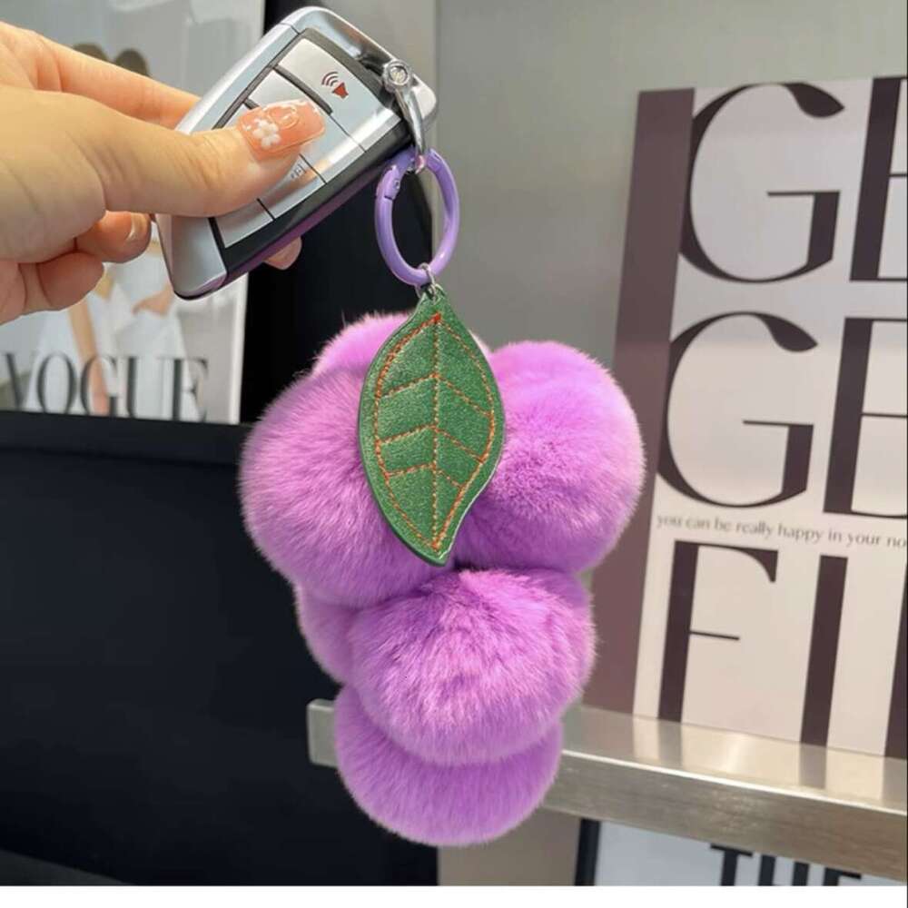 Purple Faux Rex Rabbit Fur Bag Charm, Plush Pendant, Grape Car Keychain Accessory