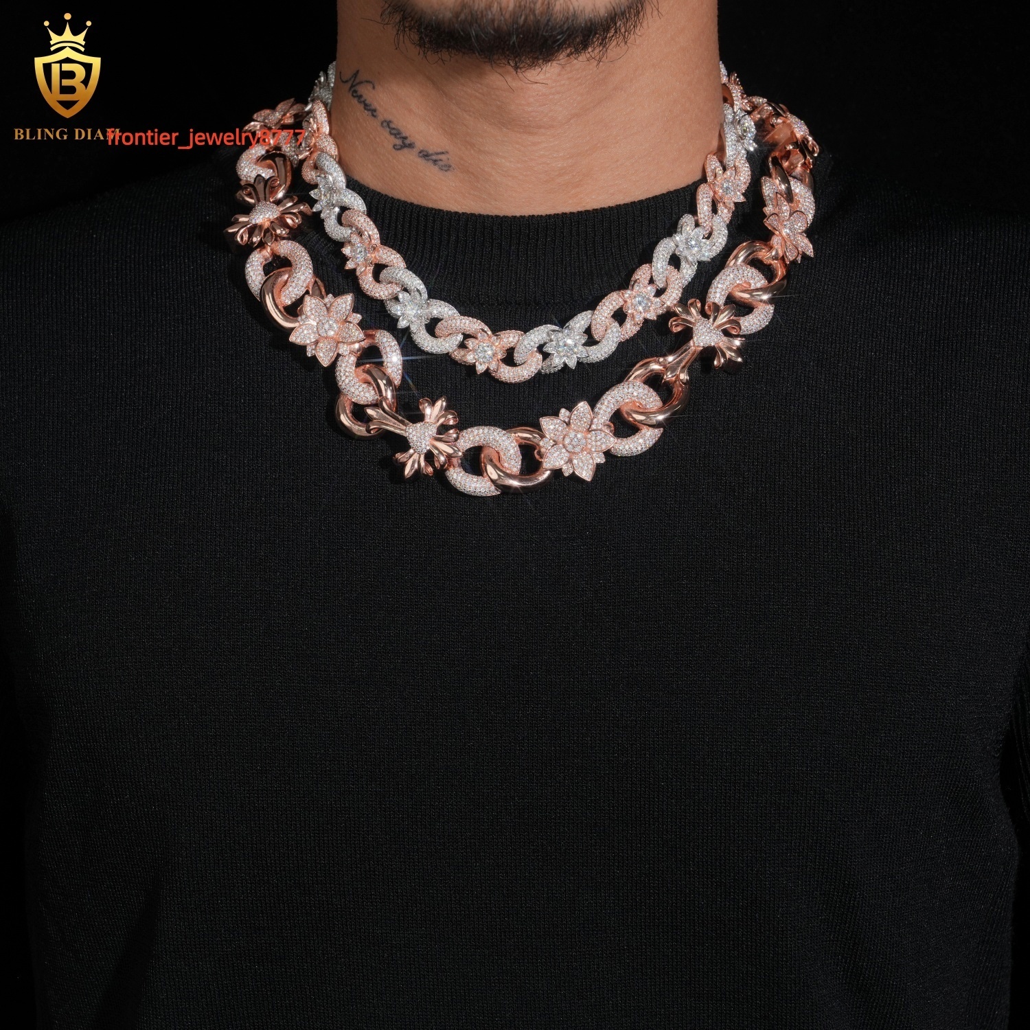 Fashion Jewelry 925 Sterling Silver Hip Hop Iced Out VVS Moissanite Diamond 16mm 20MM Flower Cuban Link Chain Necklace