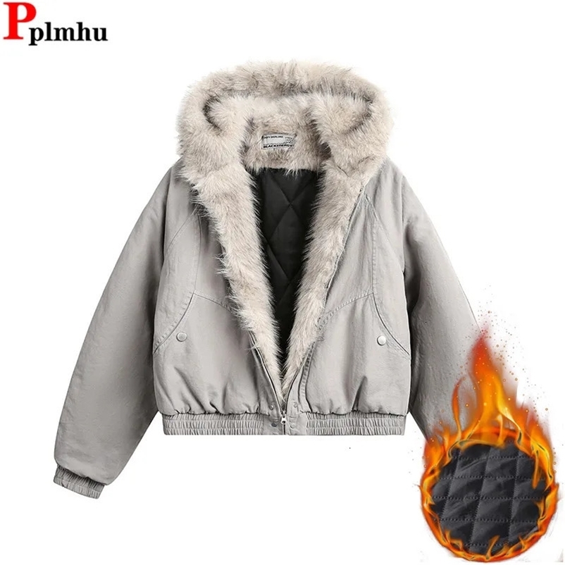 Vintage Fashion Fuax Fur Hooded Cooton Coats Winter Thiken Warm Loose Casual Chaqueta Tops Korea Snow Wear Women Jaqueta Casaco 241219bj