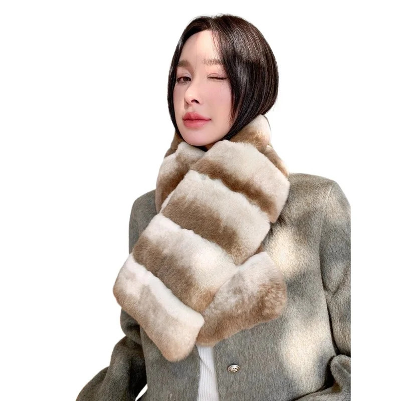 Winter Rex rabbit hair scarf lazy casual versatile real plush warm fur scarf chinchilla color women 250928