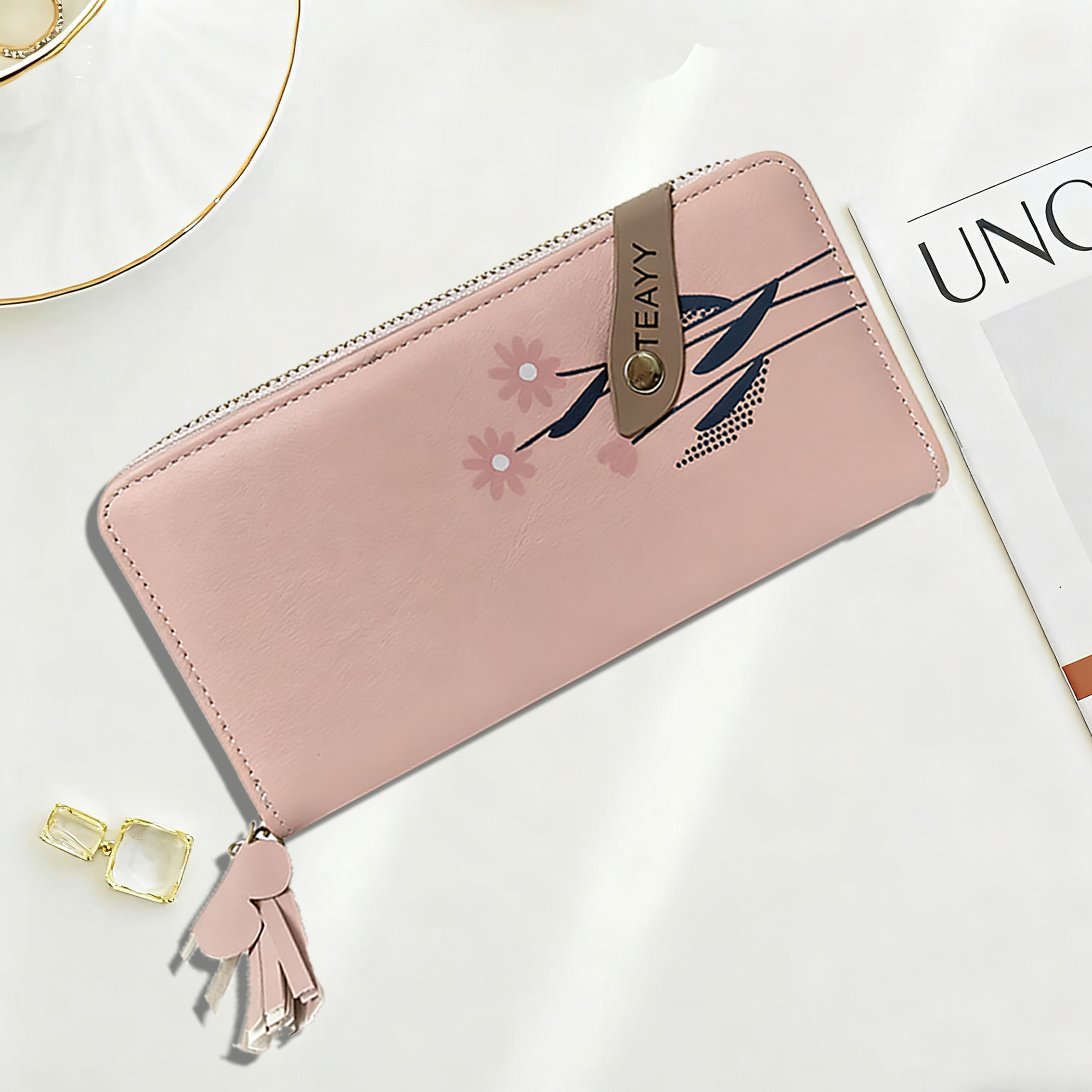 Wallets Women's Floral Print Long Zipper Wallet with Tassel, Pink PU Leather Large Capacity Purse for Daily & Travel 089