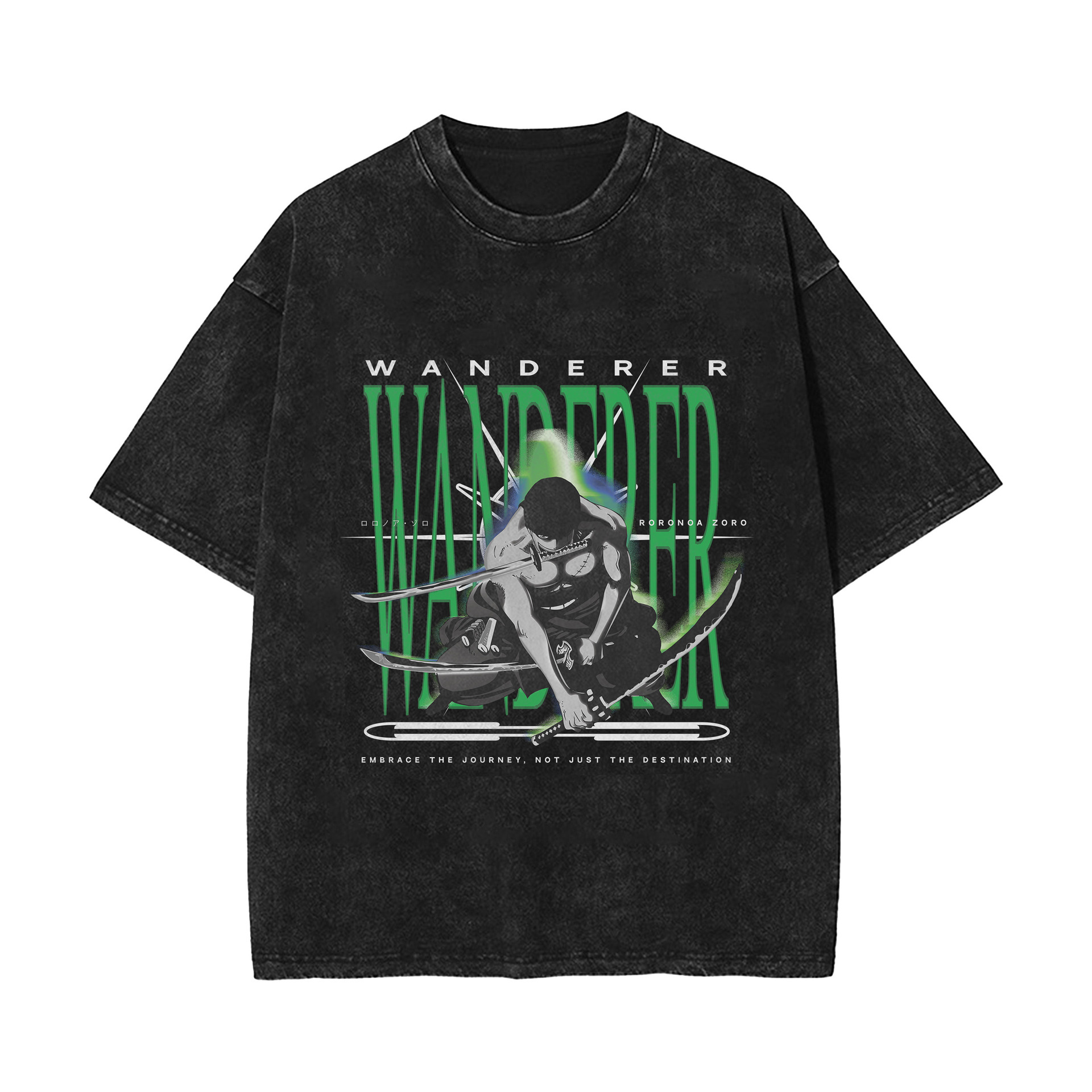 2025 New American-Style Washed Vintage Cotton T-Shirt Zoro, Luffy, Japanese Anime Print Washed Distressed Short-Sleeve T-Shirt - TT8558