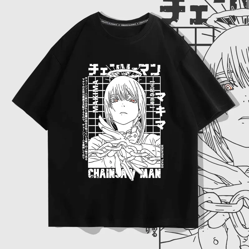 Men's T Shirts Japanese Anime Chainsaw Man Makima Pure Cotton Short-sleeved T-shirt Summer Trend Brand Loose Off-the-shoulder Half-sleeve