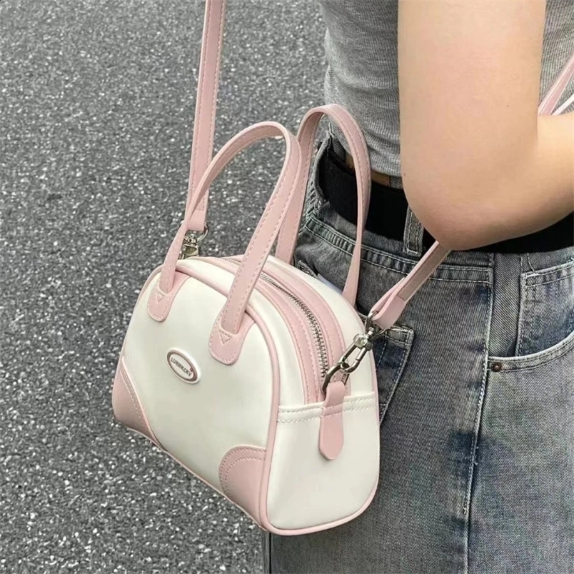 Xiuya Womens Cute Handbag Pu Leather Letter Pink and White Boston Cross Bag Retro Elegant Bowling Shoulder 240723Zl