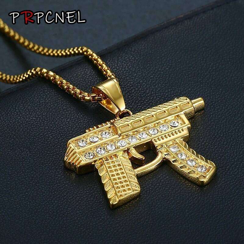 Fashion Gold Color Subhine gun Link Chain Pedant Necklace zircon Stainless steel Choker Hip Hop For Men Jewelry Collier Male