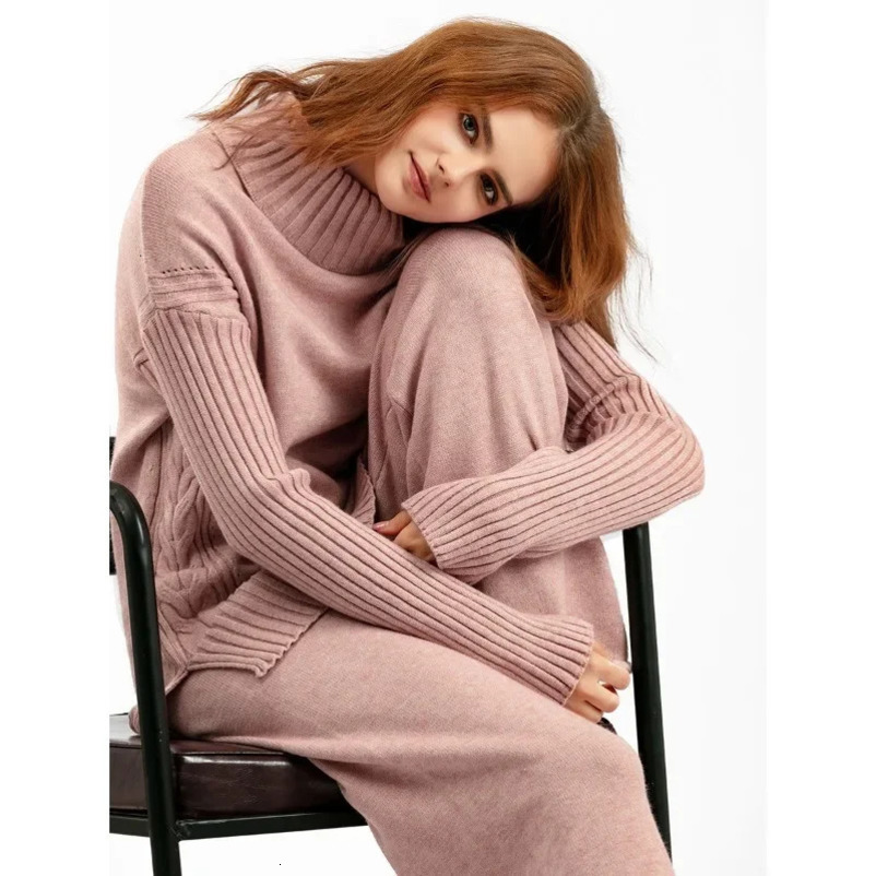 Womens Two Piece Pants Sweater set womens track suit autumn and winter knit 2piece warm turtle neck sweater pulled wide leg pants 231118wtt