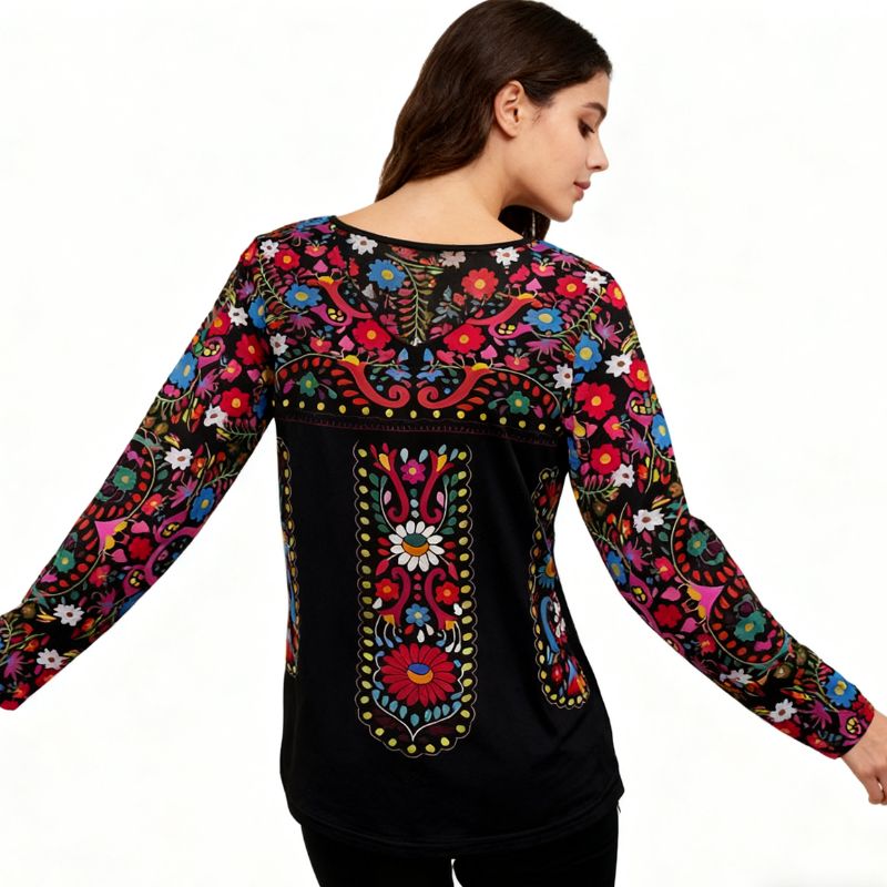 Vintage Style Womens Long-Sleeve V Neck Tee with Ethnic Flower Design for Everyday Wear-CF42394