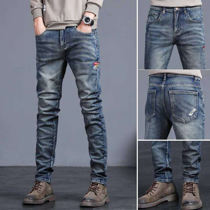 Men's Vintage Jeans Korean Fashion Slim Little Feet Embroidered Trousers Stretch Male Streetwear Denim Pants