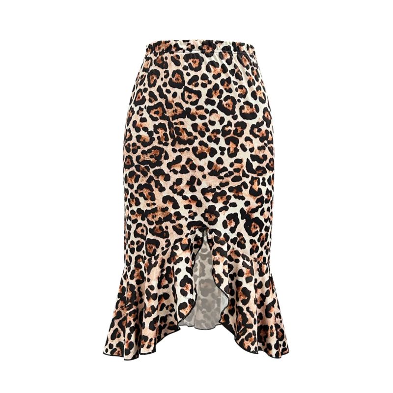 Women's Leopard Print Elastic Waist Midi Skirt - French Style Ruffled Hem Vacation Skirt-CF50621