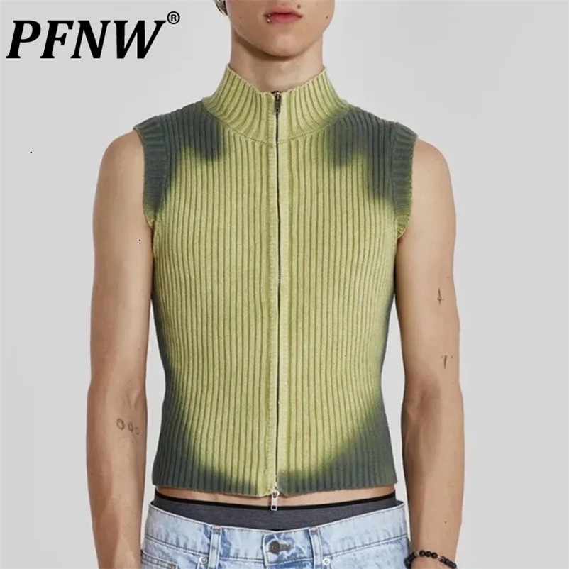 PFNW Streetwear Men Knitted Vest Pullovers Mens Turtleneck Sleeveless Top Sweater Zipper Tie-dye Clothing Autumn C3482 240712