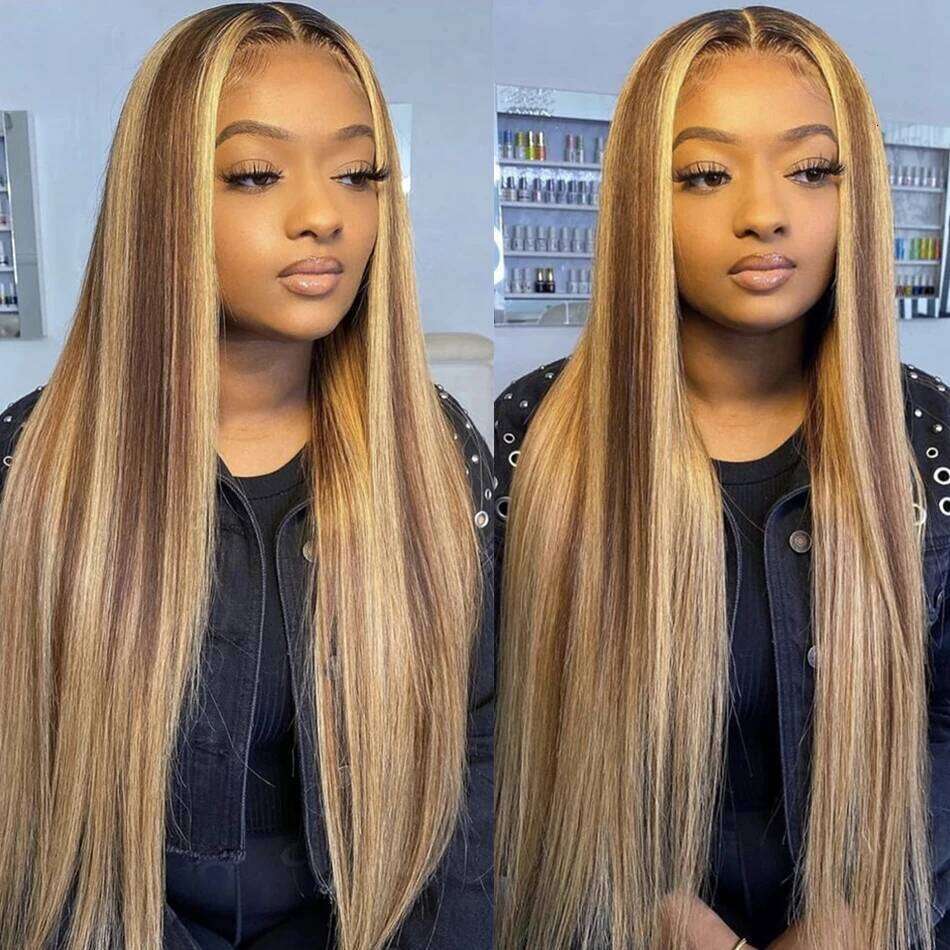 13X6 Blonde Highlights Colored Front Straight Tuneful HD Transparent Lace Frontal Human Hair Wigs For Women Xiusiyuan2509