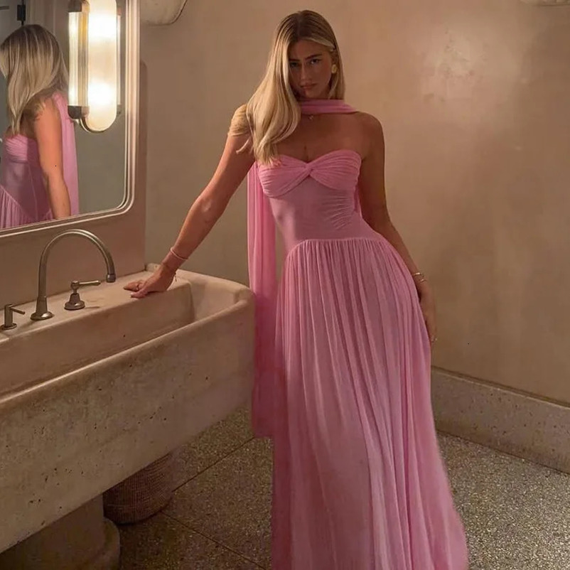 VEITCHE Summer Women Sexy Strapless Long Dress Female Through Mesh RobeHalter Scarf Mujer High Elasticity Maxi 250611