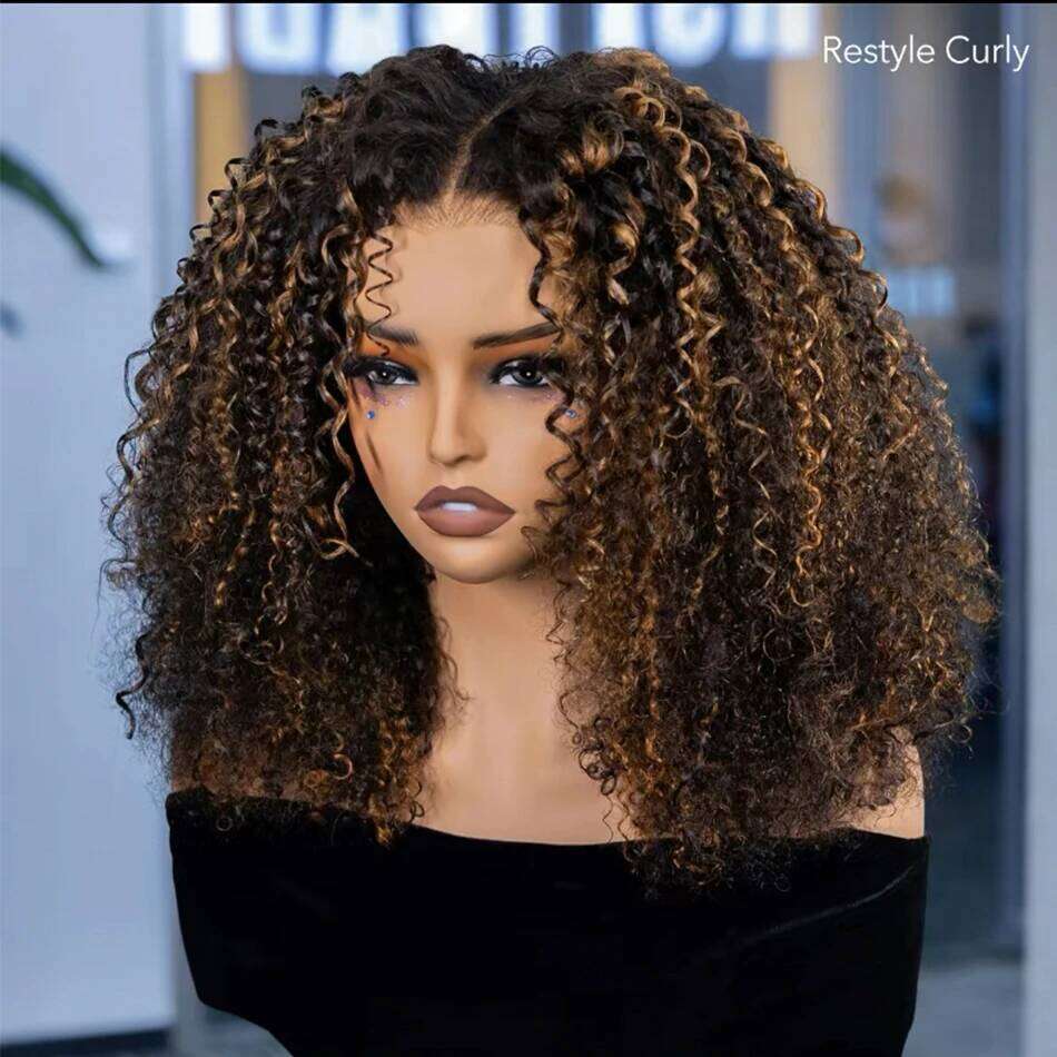 10A 6X5 Glueless Lace Colored Human Hair Wigs Ready To Wear And Go Short Kinky Curly Ombre Highlights Brown Color Wig Xiusiyuan2509