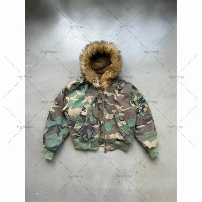 Retro street fashion Y2K personality trend camouflage jacket Harajuku retro fur collar casual hooded mens oversized sportswear 250109CJ