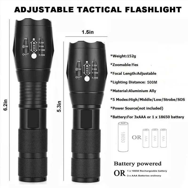 High Power Led Flashlights Camping Torch 5 Lighting Modes Aluminum Alloy Zoomable Light Waterproof Material Use 3 AAA Batteries D250928