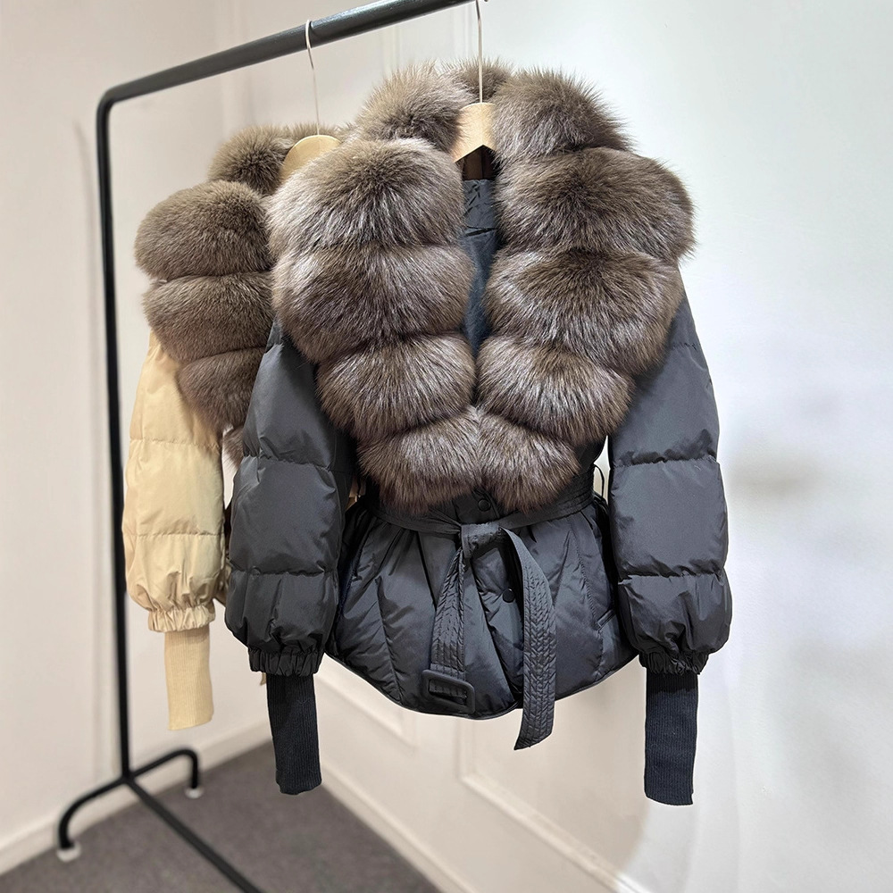 2025 Dongdaemun New Style Knitted Sleeve Belt Fashion Women's Short Down Jacket with Fox Fur Collar