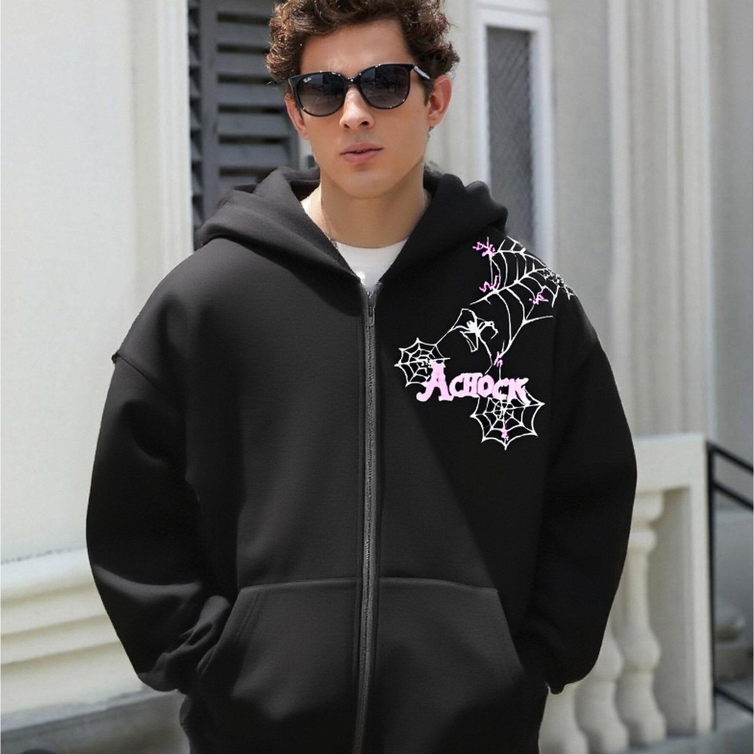 Spider Web Print Zip-Up Hoodie - Spring & Autumn American Retro Casual Jacket, Unisex, Customizable Pattern-03001