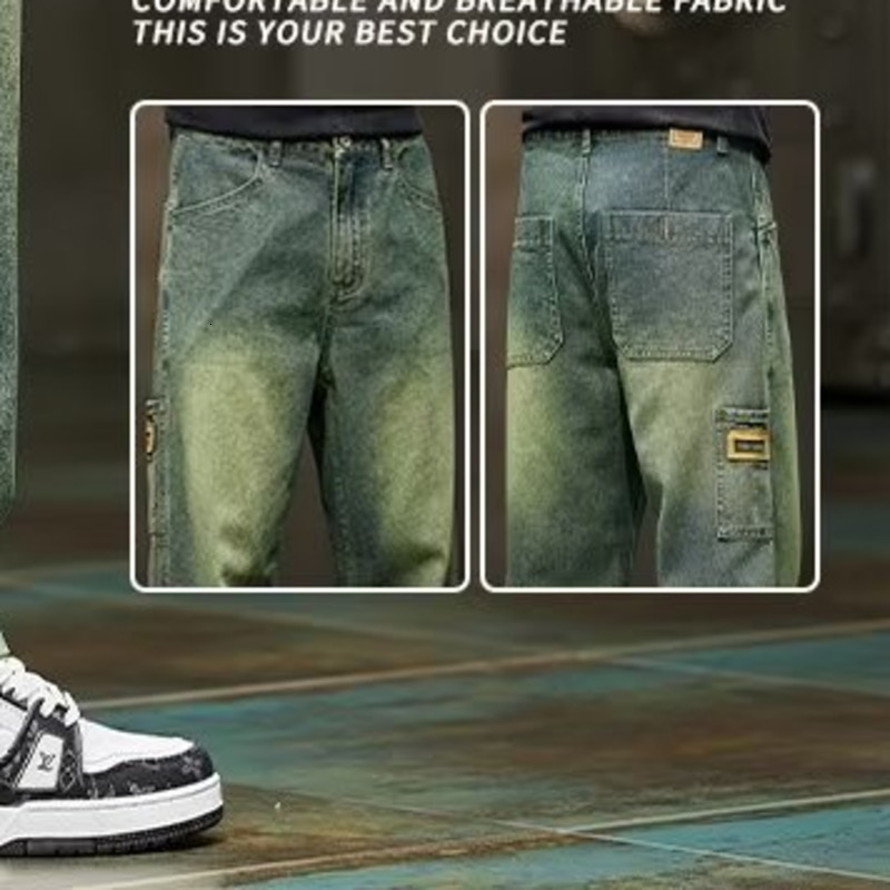 Men's Jeans Wide Leg Jeans Men Baggy Pants Summer Straight Cut Loose Retro Blue Denim Pants Streetwear Fashion Pockets Vintage Man Clothes 230904