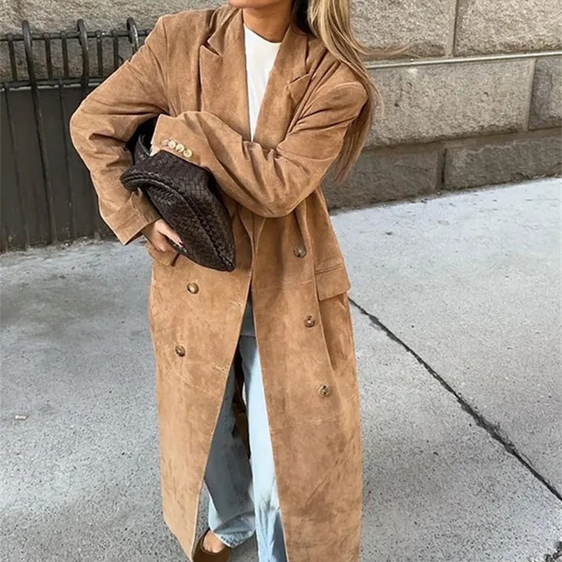 Fashion Lapel Long Windbreaker Jacket Elegant Casual Suede Leather Womens Trench Coat Oversize Autumn Commute Street Outerwear 240909