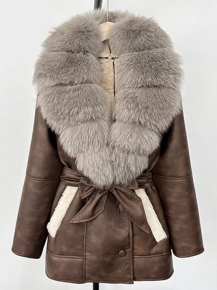 Womens Fur Collar Leather Jacket - European & American Designer Style with High-Waist Cinch