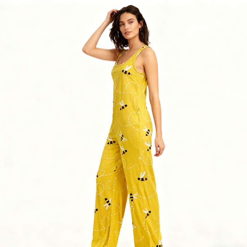Women's Cute Bee Print Sleeveless Jumpsuit - Milk Silk Casual Grassland Vacation Romper with Pockets-CF50949
