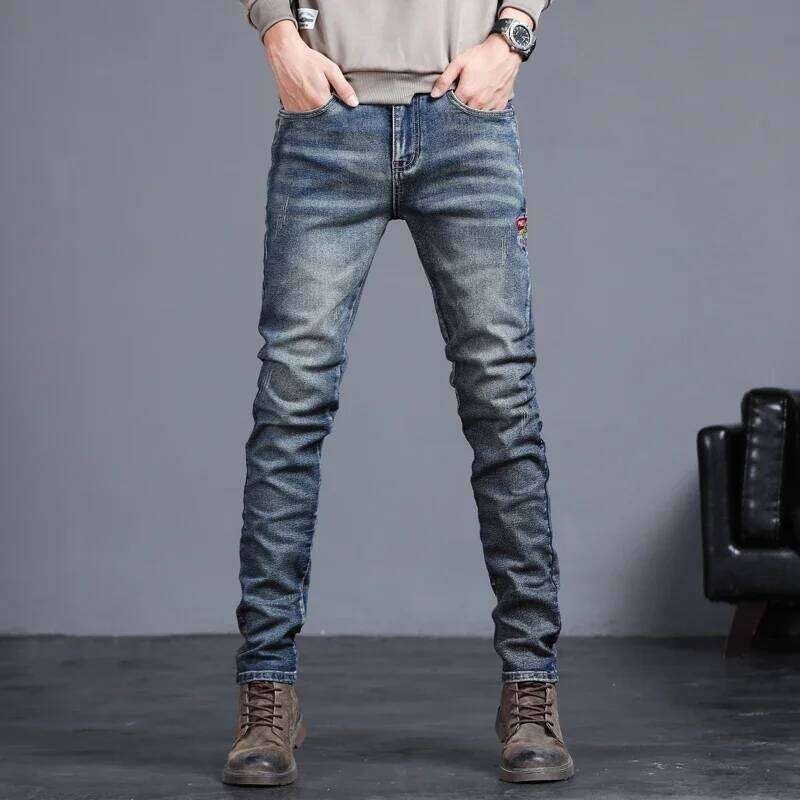 Men's Vintage Jeans Korean Fashion Slim Little Feet Embroidered Trousers Stretch Male Streetwear Denim Pants