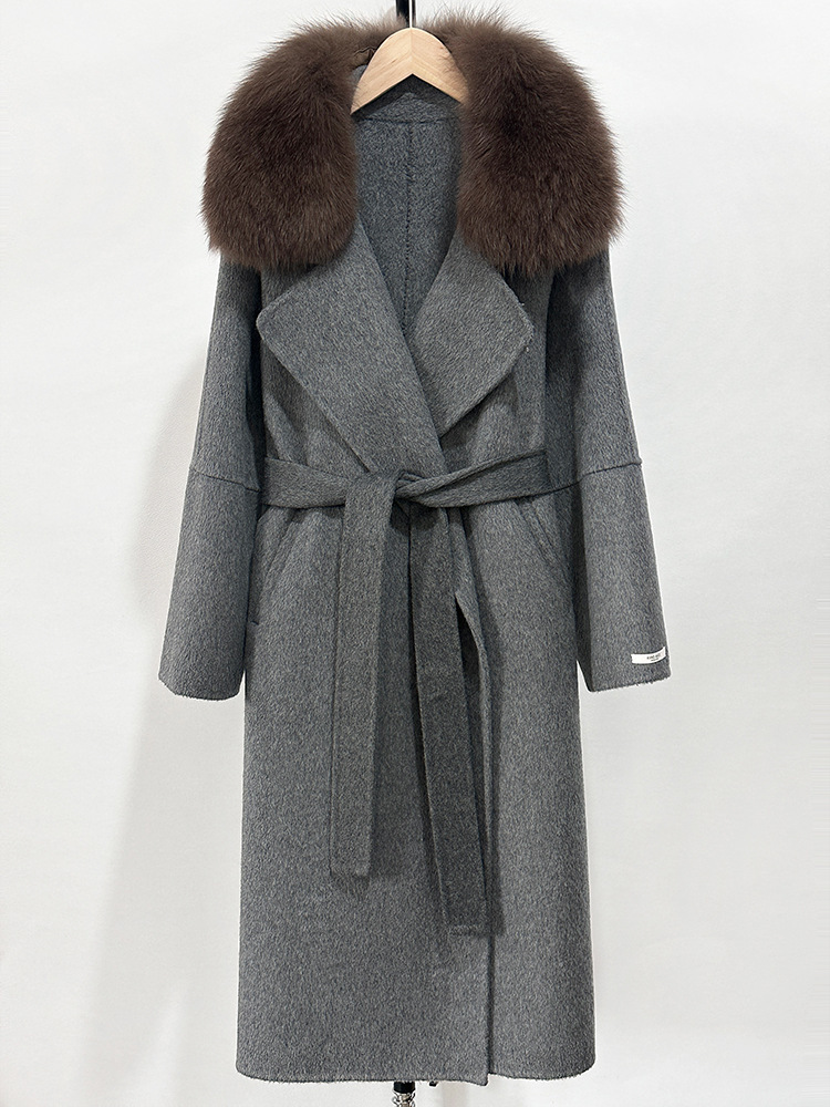 2025 French lazy women's slim fit coat with fox fur collar and lace up double-sided cashmere long woolen coat long coat women wool coat women des