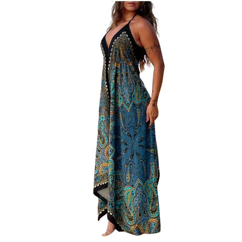 Women's Spring Summer Boho Plant Print Spaghetti Strap Maxi Dress Vacation Style Long Dress-CF50865