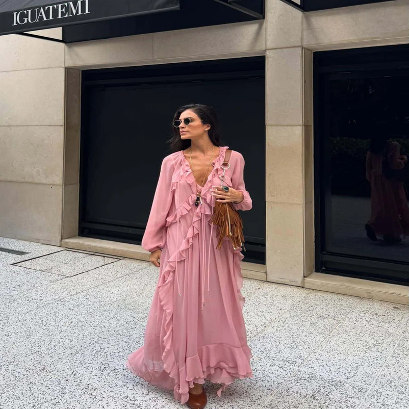 European and American style early autumn layered ruffled longsleeved chiffon dress 250611