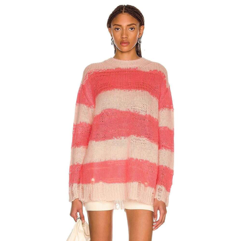 New Early Autumn Long Sleeve Striped Loose Sweater Women's Lazy Pullover Round Neck Knitted Top