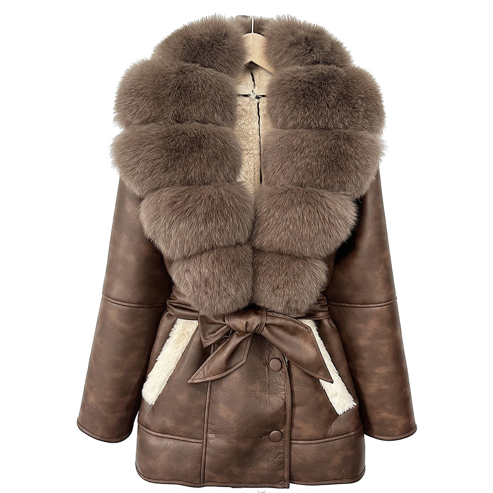 Womens Fur Collar Leather Jacket - European & American Designer Style with High-Waist Cinch