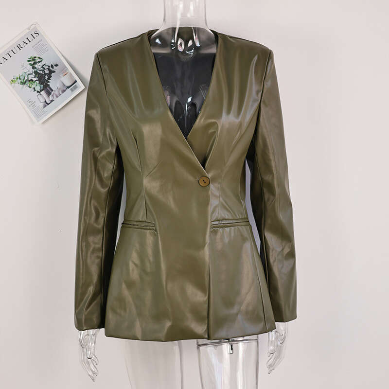 2025 Spring and Autumn New Fashionable Green V-neck Slim Fit Blazer Leather Jacket Elegant Commuting