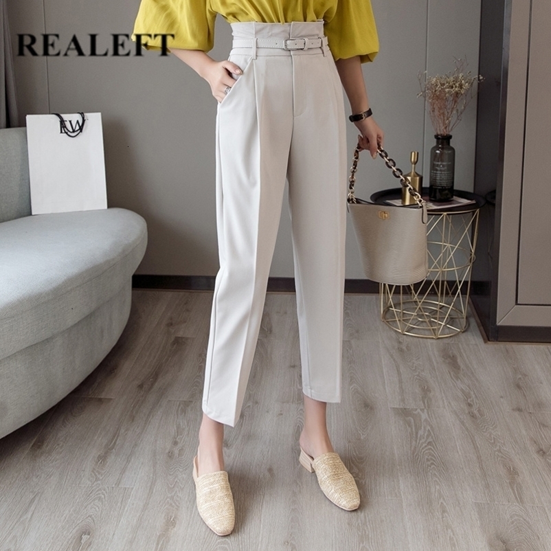 REALEFT New OL Style White Women's Formal Pants Casual Chic Pencil Pants with Belt High Waist Elegant Work Trousers Female 201111