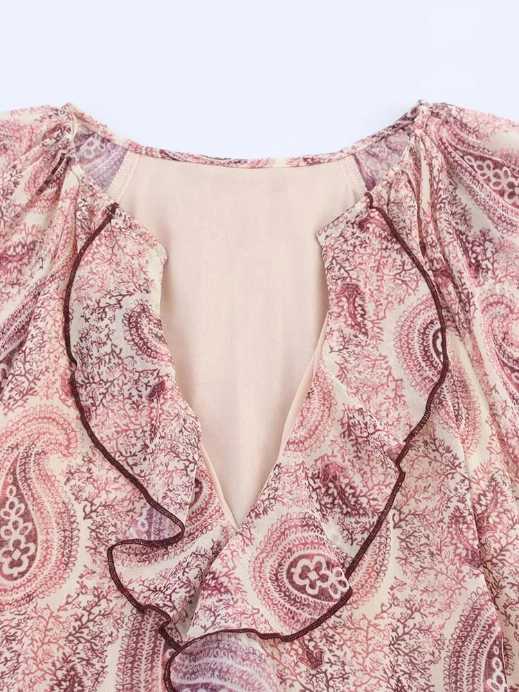 2025 Women Summer MIDI Dress Vintage Print Chiffon VNeck Cascading Ruffle Long Sleeve Female Elegant Street Dresses Clothing 250811A