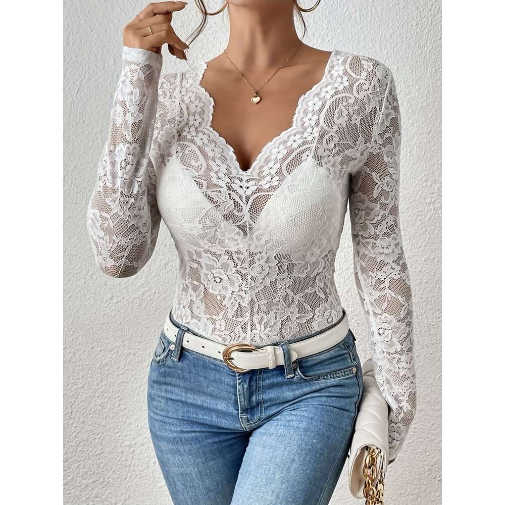 2025 Autumn Winter New Sexy Single Layer Floral Lace Fan-shaped Decorative Base Shirt Top for Women