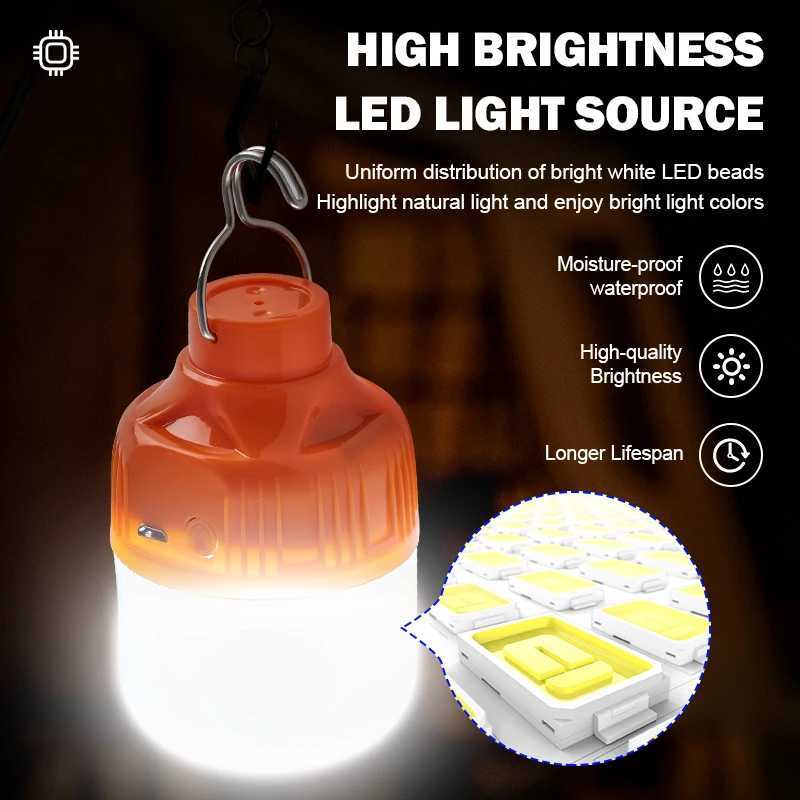 2pcs Camping Light USB Rechargeable LED Emergency Lamp Outdoor Portable Lanterns with Hook for BBQ Tents Battery Bulb C250928