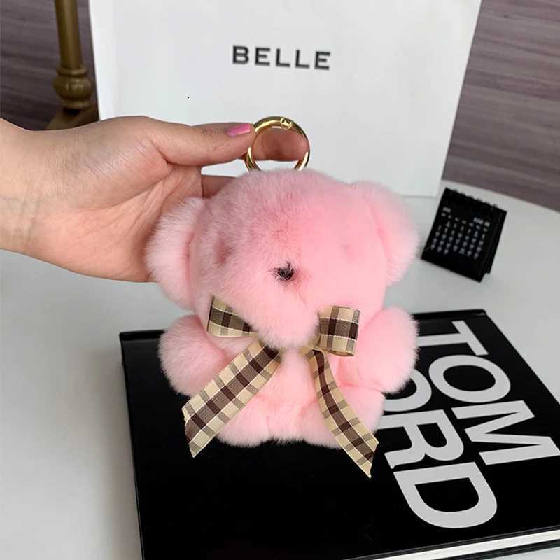 Cute Little Brown Bear Real Rex Rabbit Fur Keychain Ladies Car Bag Pendant Fashion Accessories Fluffy Key Ring Girl BagXJ250928