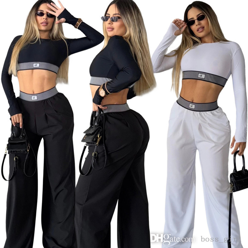 Women Tracksuits Two Pieces Set Designer 2025 New Autumn Fashion Long Sleeve Sexy Crop Top High Waist Loose Casual Straight Wide Leg Pants Set 11 Colors