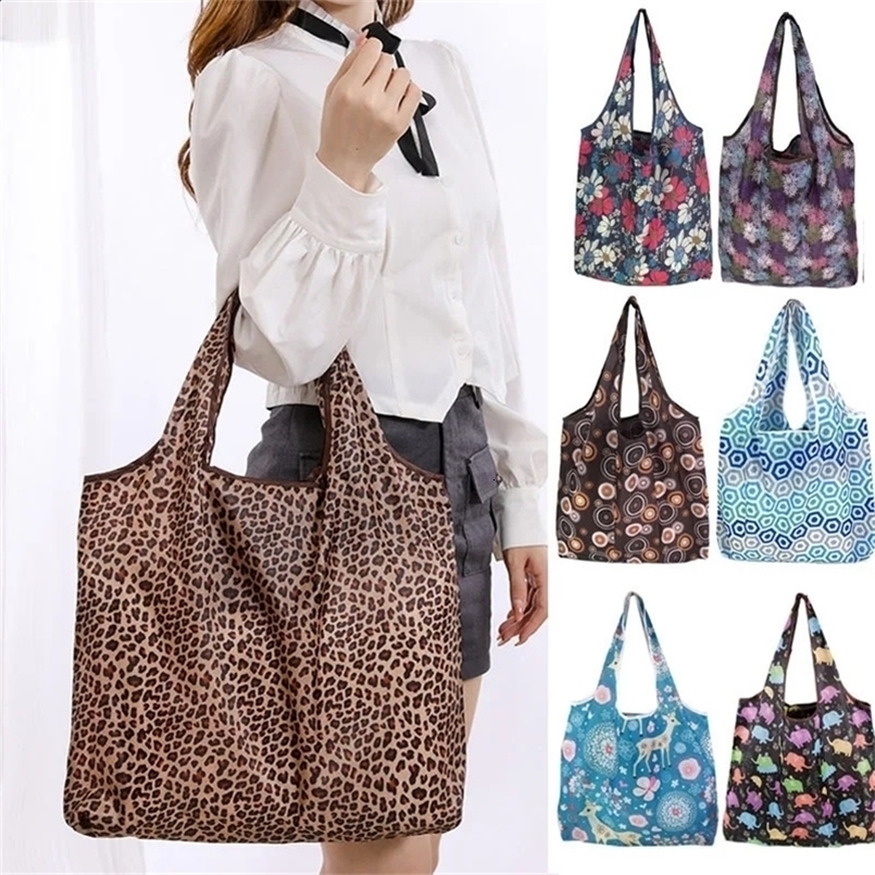 Womens Foldable Cat Flower Pattern Large Shopping Bag Washable Leopard Print Reusable Easy To Carry Capacity Handbags Pouch 240819ZYl