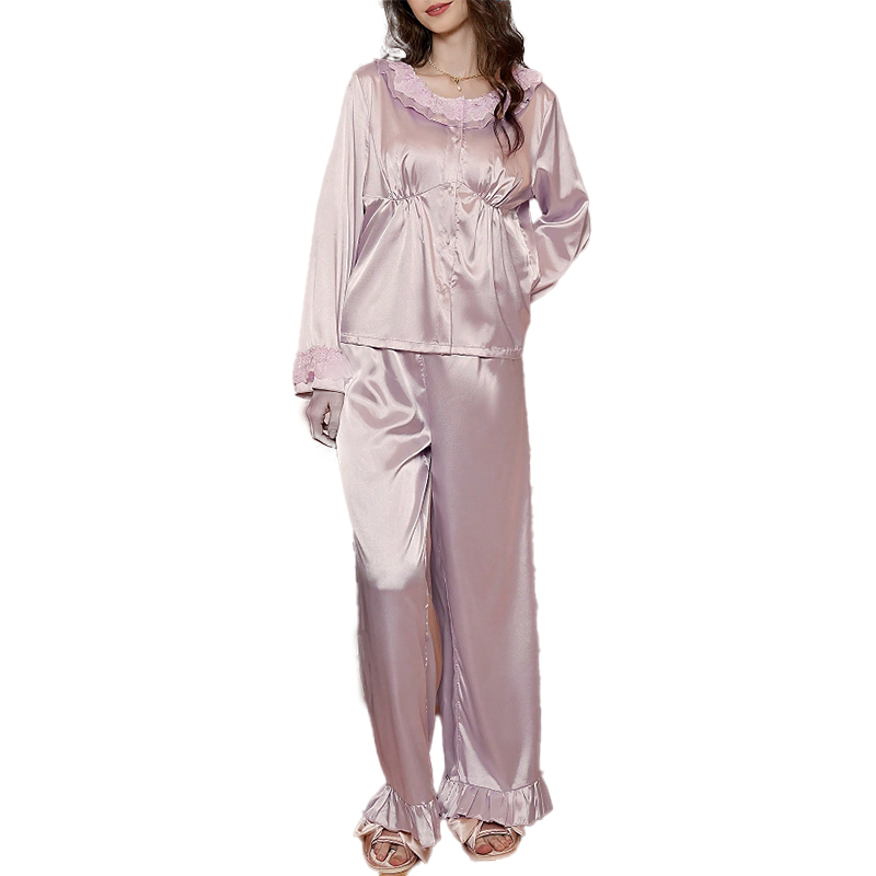 New Women's Spring/Fall Silk Satin Lace Trim Long-Sleeve Pajama Set with Pants