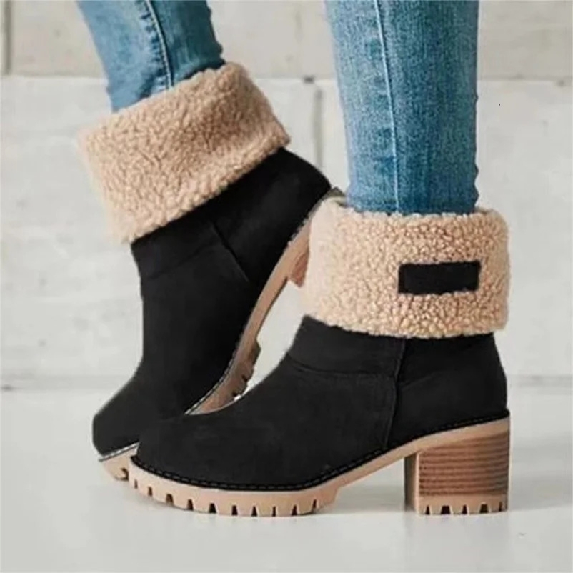 Autumn and winter casual comfortable velvet warm square heel round toe solid color womens ankle boots241018bj