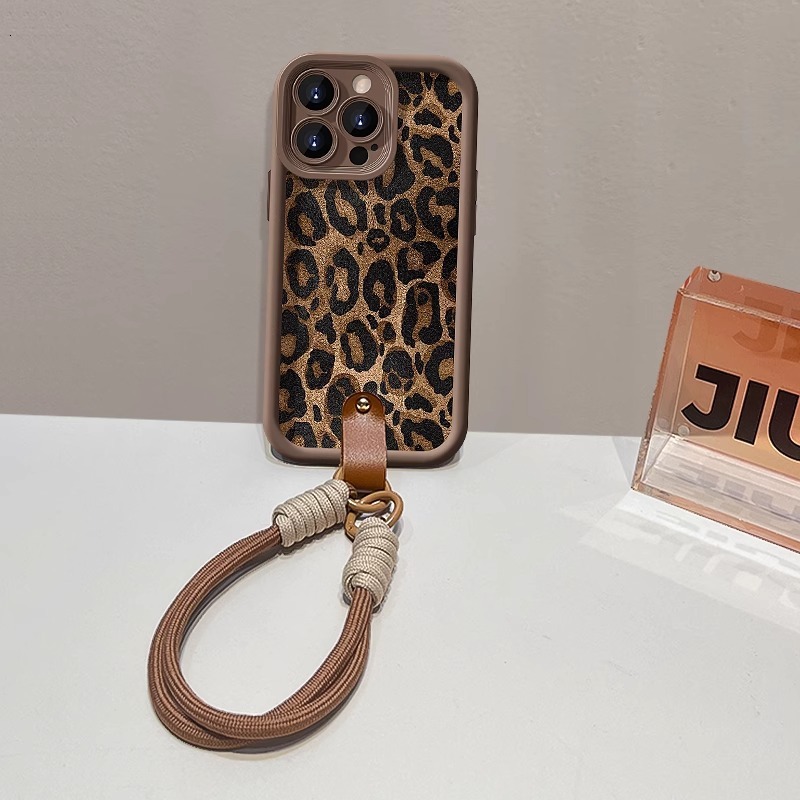 Leopard Print Lanyard Compatible with Apple 17 Phone Case 16PROMAX Lambskin 15 Matte Silicone Premium Shockproof