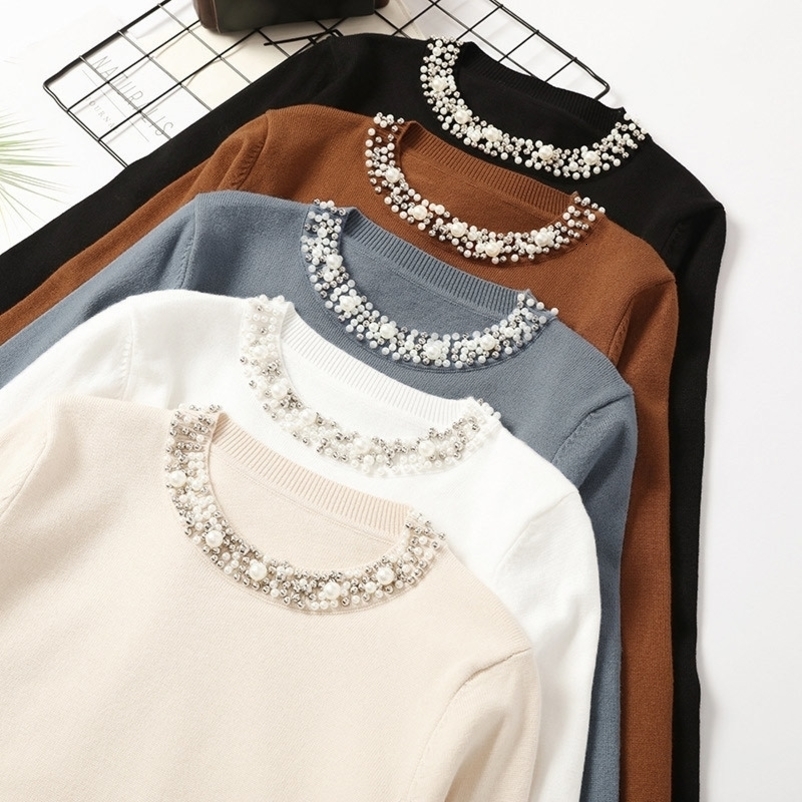Autumn Beadings O-Neck Pullover Women's Sweater Long Sleeve Solid Office Lady Female Jumper Winter Khaki Woman Sweaters 201023