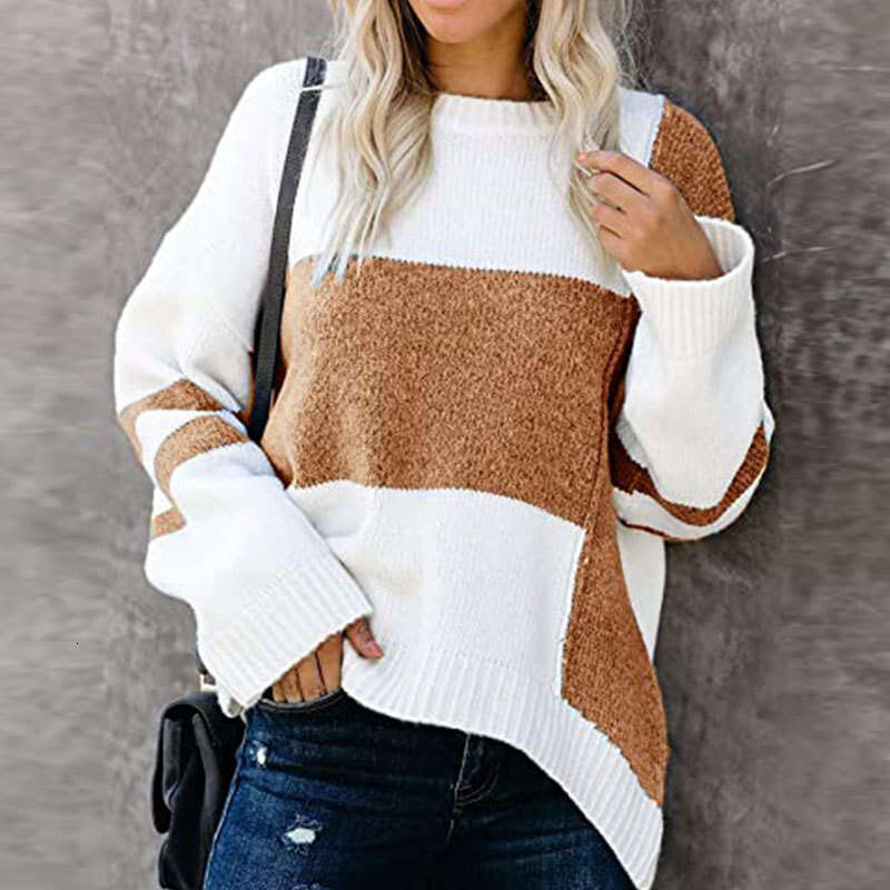 Autumn Winter New Striped Street Style Trendy Sweater Color Block Patchwork Crew Neck Pullover Knitwear