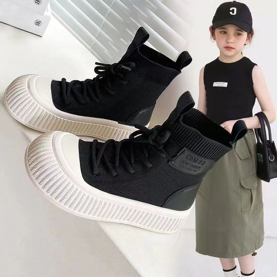 Autumn New High Top Knitted Shoes for Boys and Girls, Short Boots, Anti Slip Fashion Casual Shoes, Suitable for Children, Front Strap Fashion Boots, D