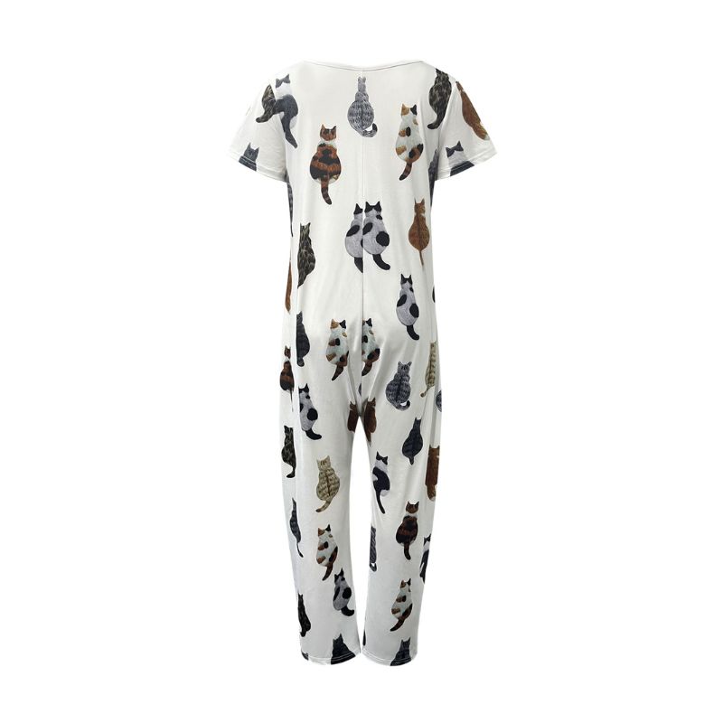 Women's V-Neck Cat Print Short Sleeve Jumpsuit - Milk Silk Fashion Vacation Style Romper with Pockets--CF52491
